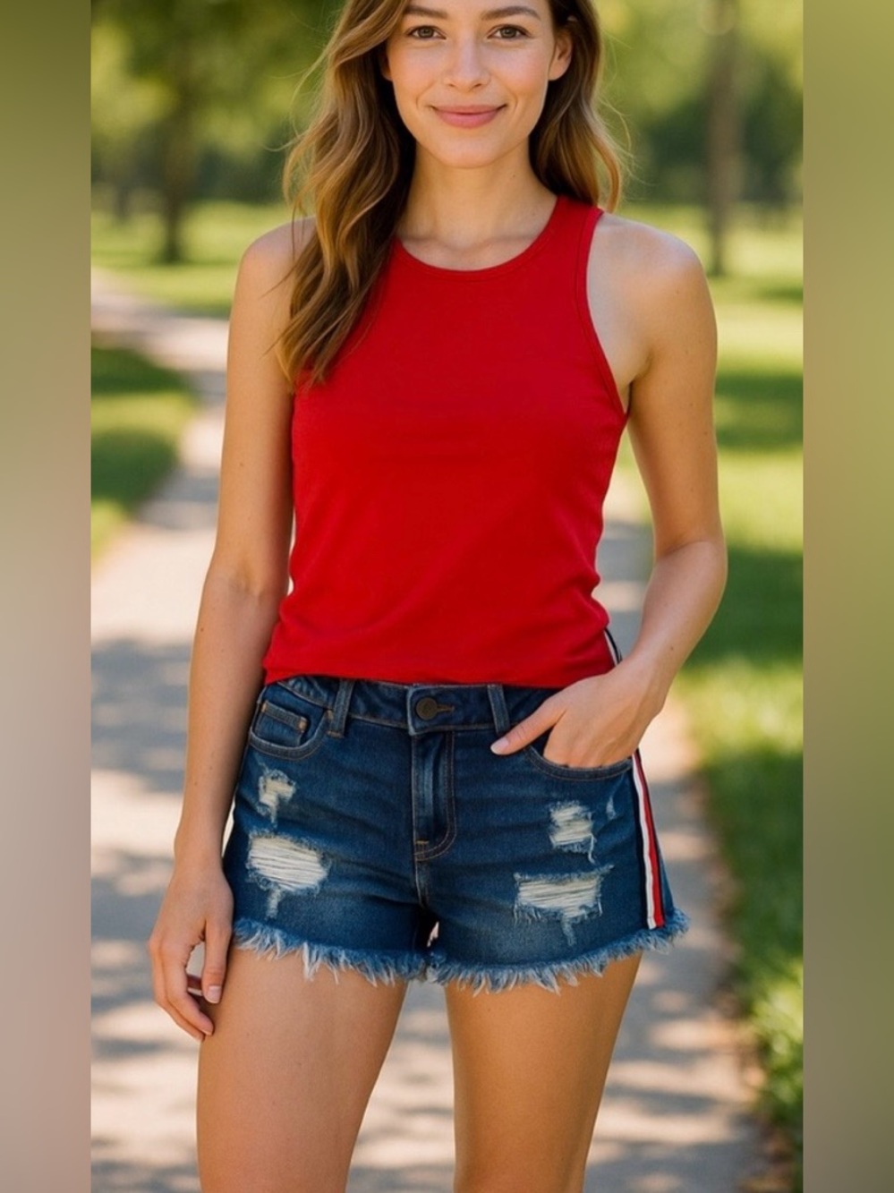 Machine Distressed Denim Shorts Side Stripe Raw Hem Festival Summer